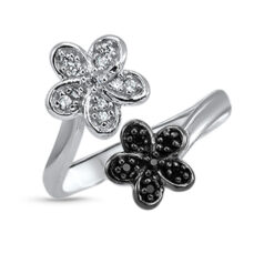 925 Sterling Silver Black and Silver Flower Toe Ring