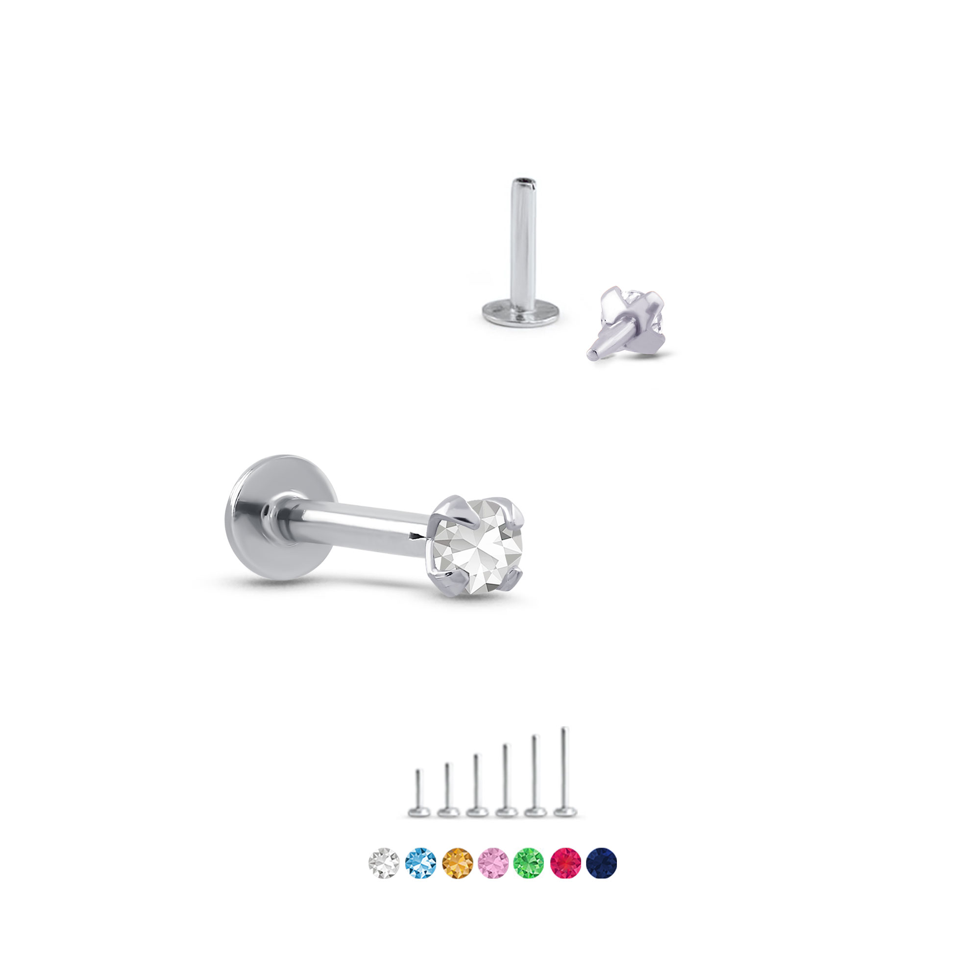 Genuine Gemstone Prong Labret Push Pin Stud 14K White, Yellow, Rose Gold - Image 2